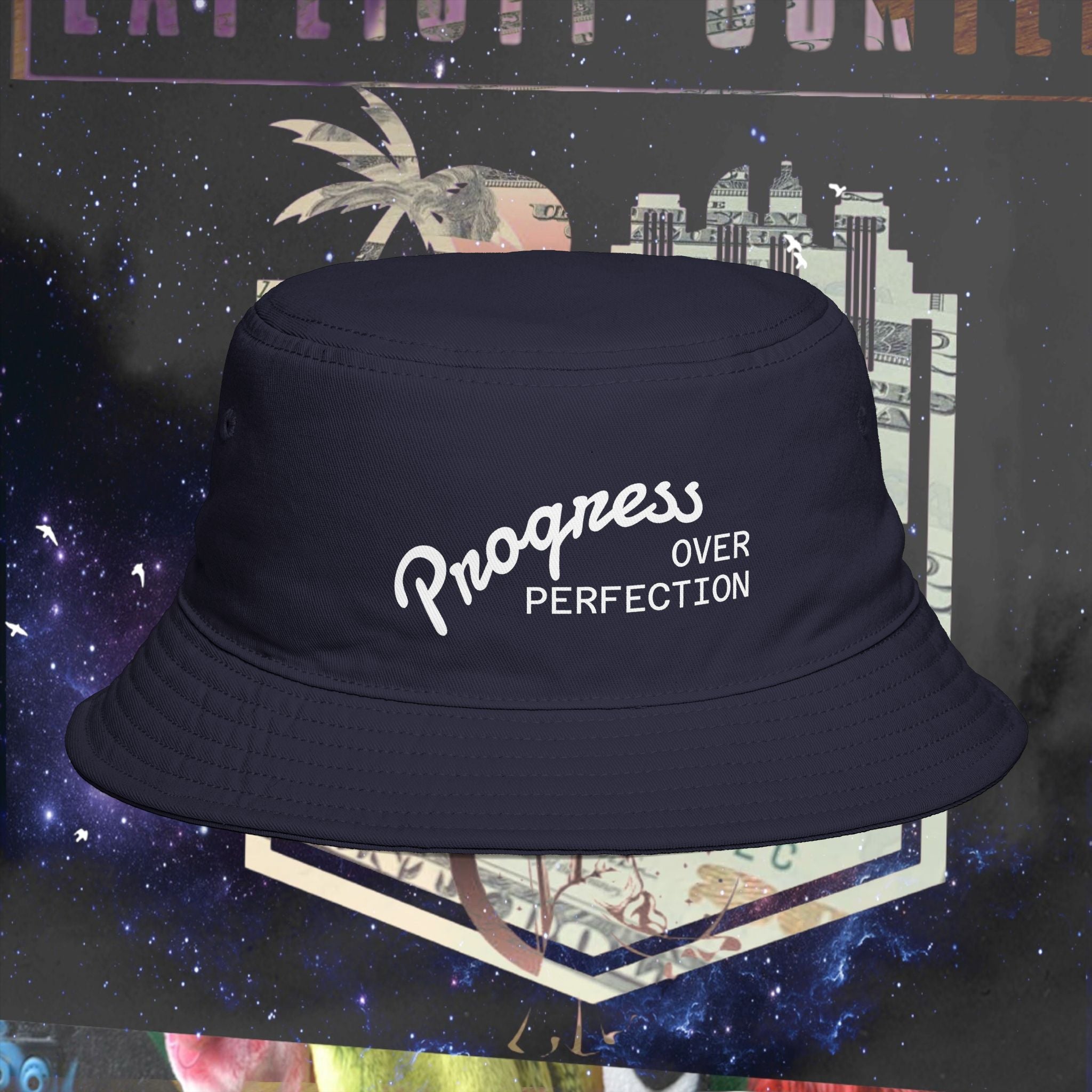 Progress Over Perfection Bucket Hat embroidered black front view
