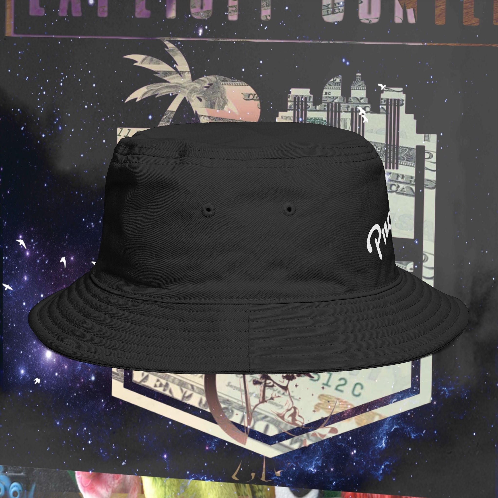 Progress Over Perfection Bucket Hat embroidered black front view