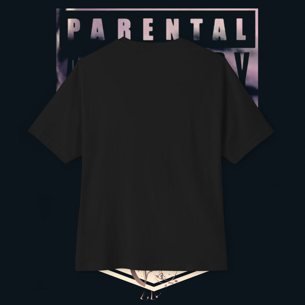 'xye' Anime Eye Boxy Tee — "Parental Advisory" Graphic Oversized T-Shirt back view against a dark background
