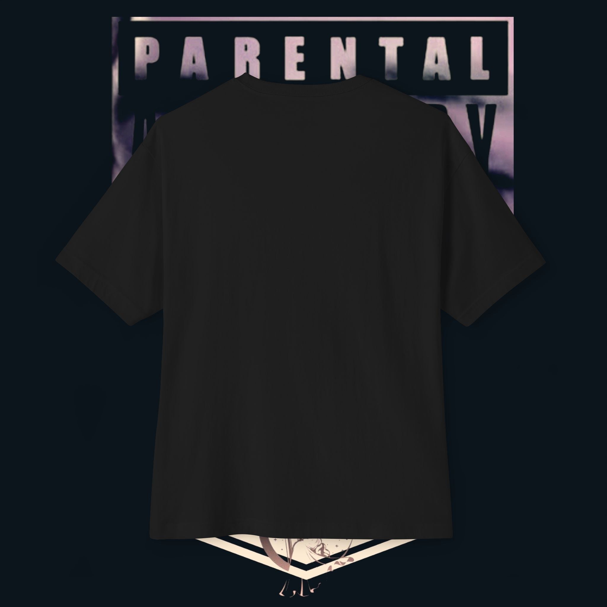 'xye' Anime Eye Boxy Tee — "Parental Advisory" Graphic Oversized T-Shirt back view against a dark background