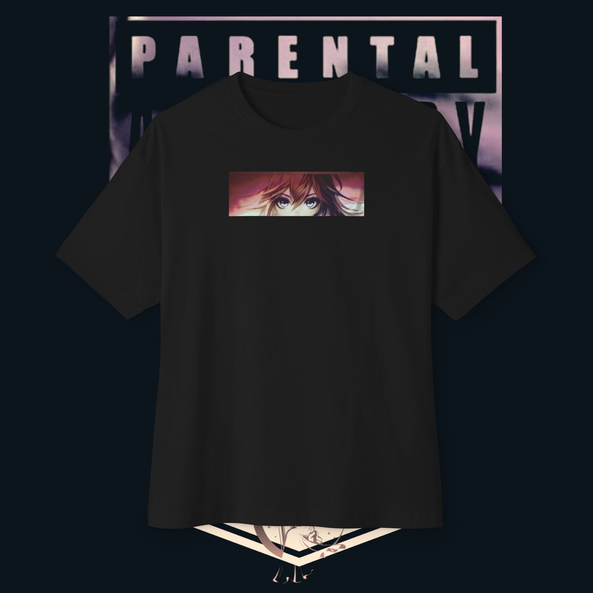 'xye' Anime Eye Boxy Tee — "Parental Advisory" Graphic Oversized T-Shirt featuring anime eye design on a black background.