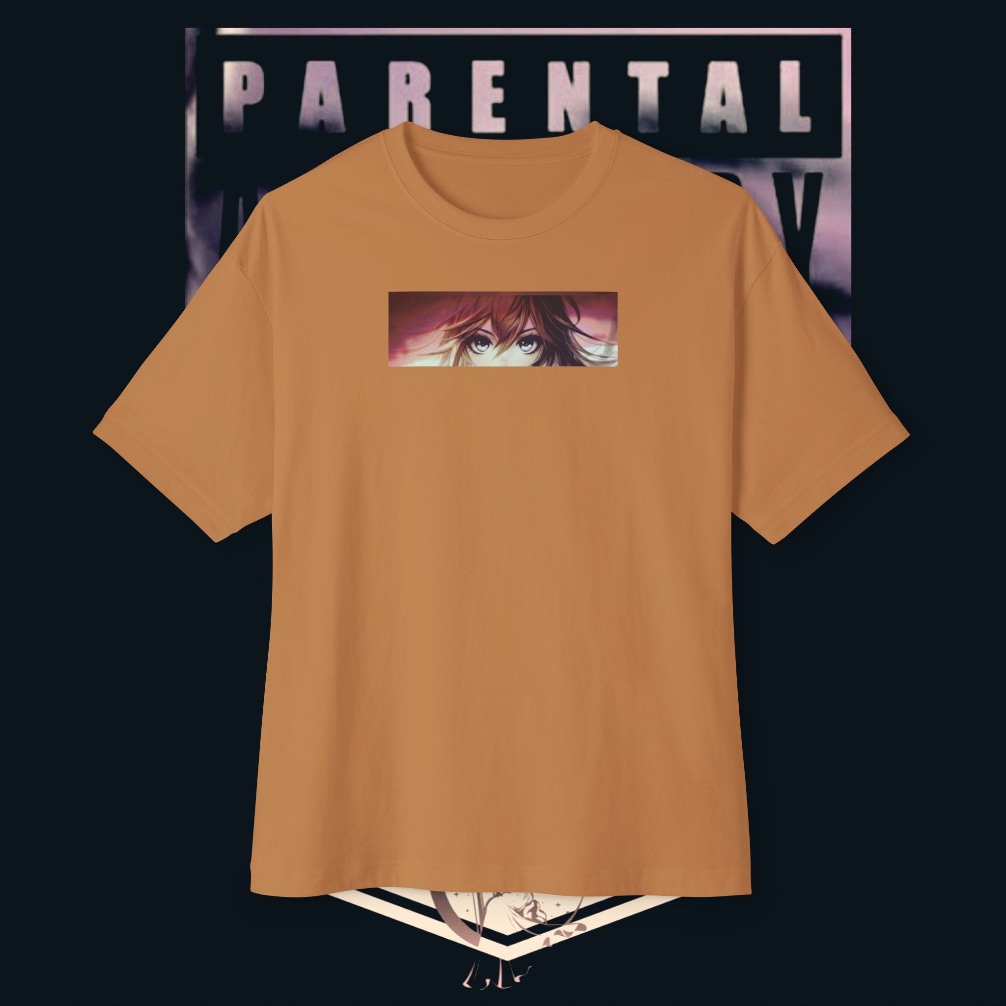 ‘xye’ Anime Eye Boxy Tee — "Parental Advisory" Graphic Oversized T-Shirt design in orange color.
