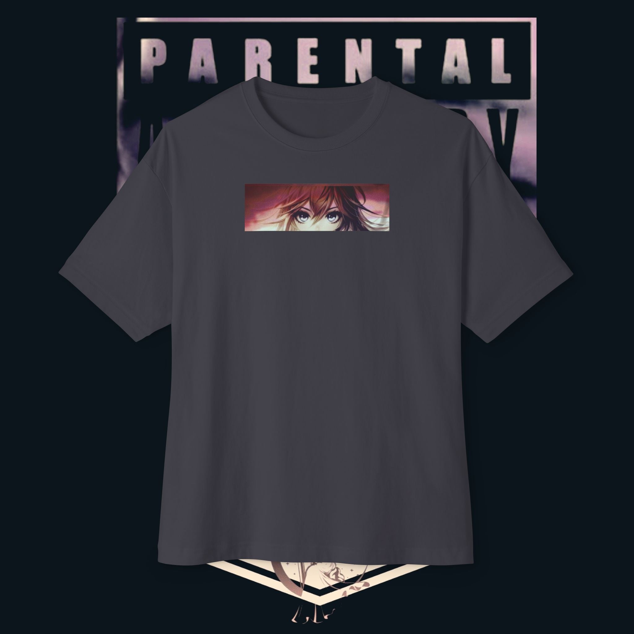 'xye' Anime Eye Boxy Tee — "Parental Advisory" Graphic Oversized T-Shirt featuring a bold anime eye design on a dark background.