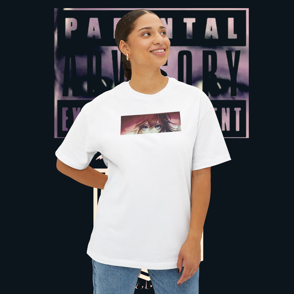 Model wearing ‘xye’ Anime Eye Boxy Tee — "Parental Advisory" Graphic Oversized T-Shirt with a vibrant graphic.