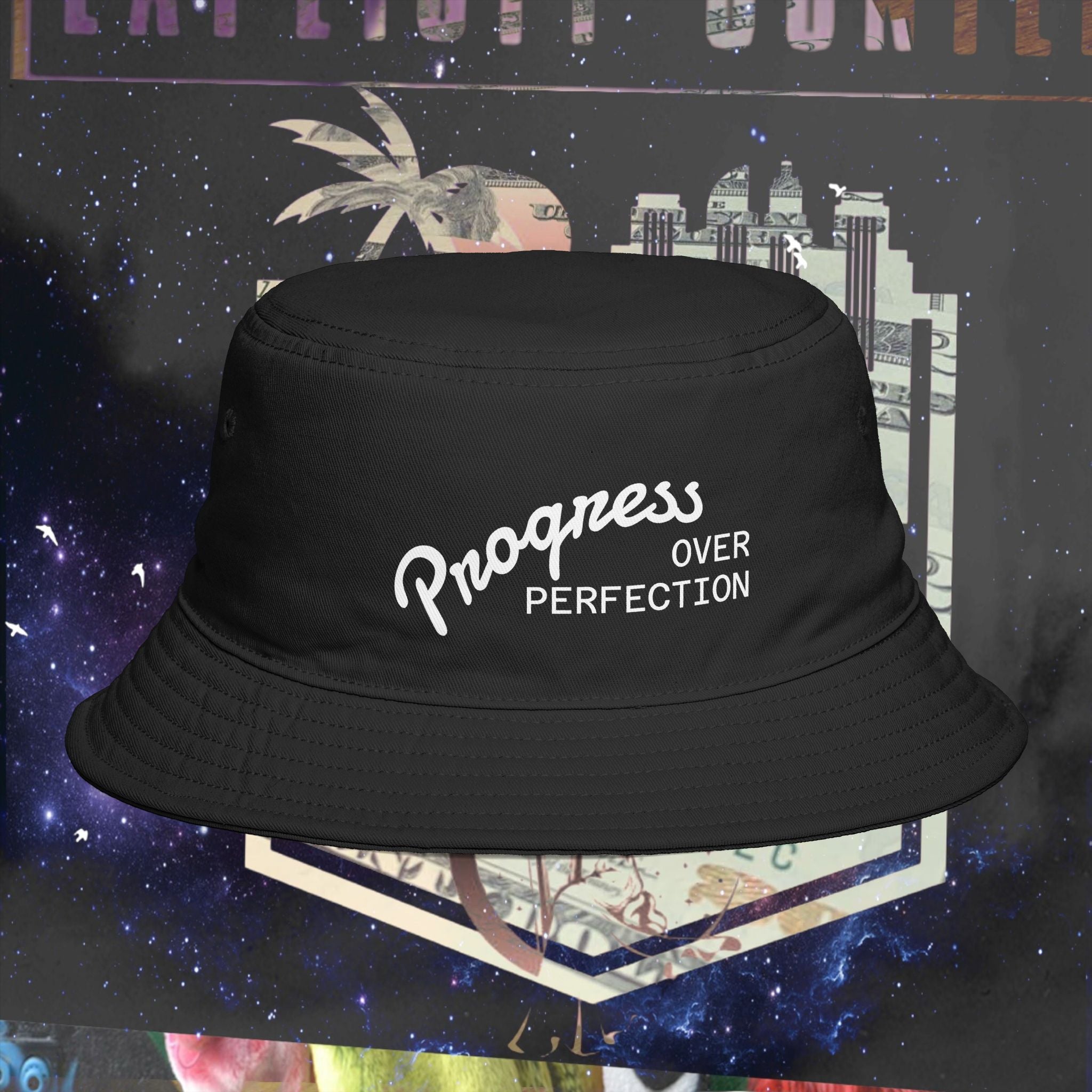 Progress Over Perfection Bucket Hat embroidered black front view