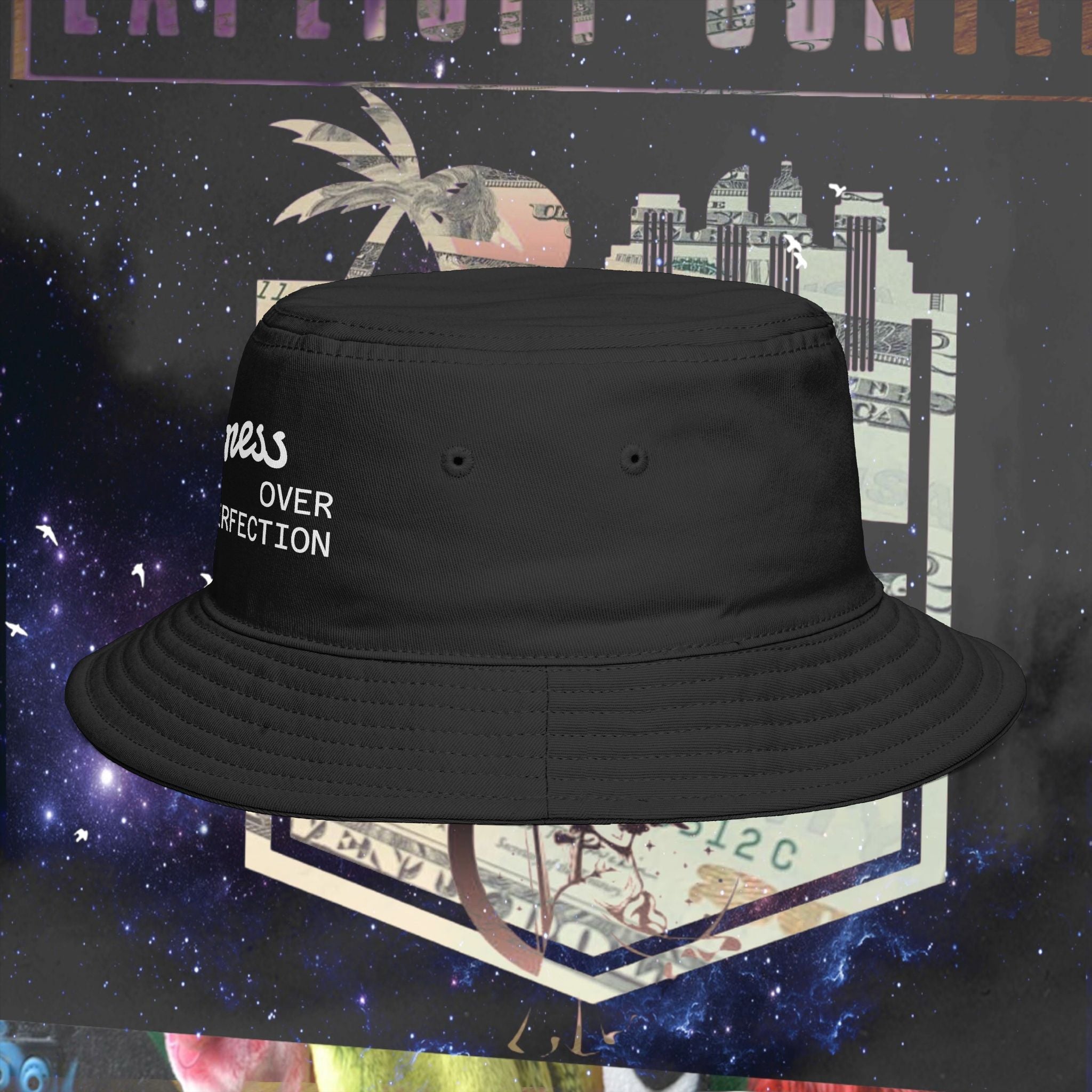 Progress Over Perfection Bucket Hat embroidered black front view
