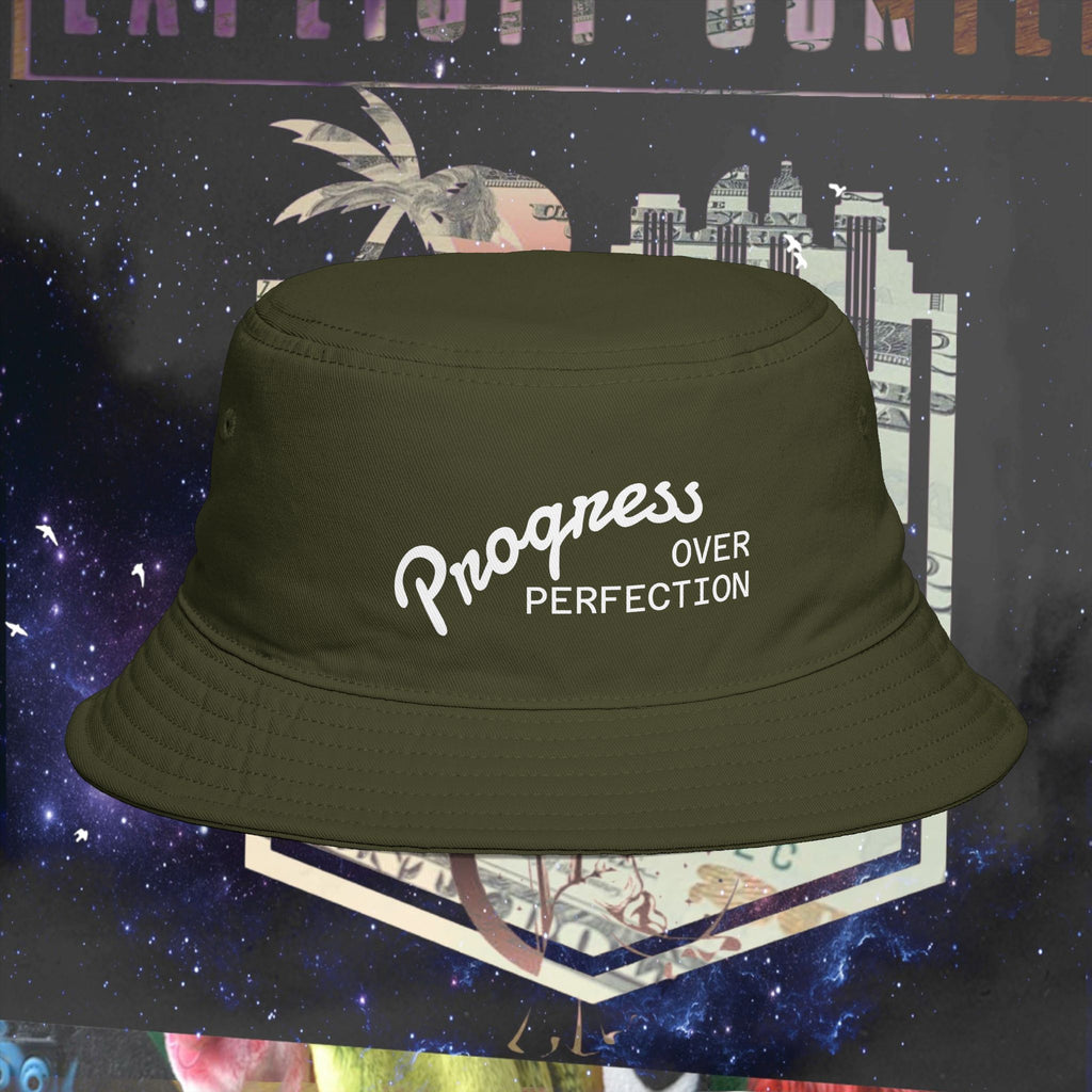 Progress Over Perfection Bucket Hat embroidered black front view