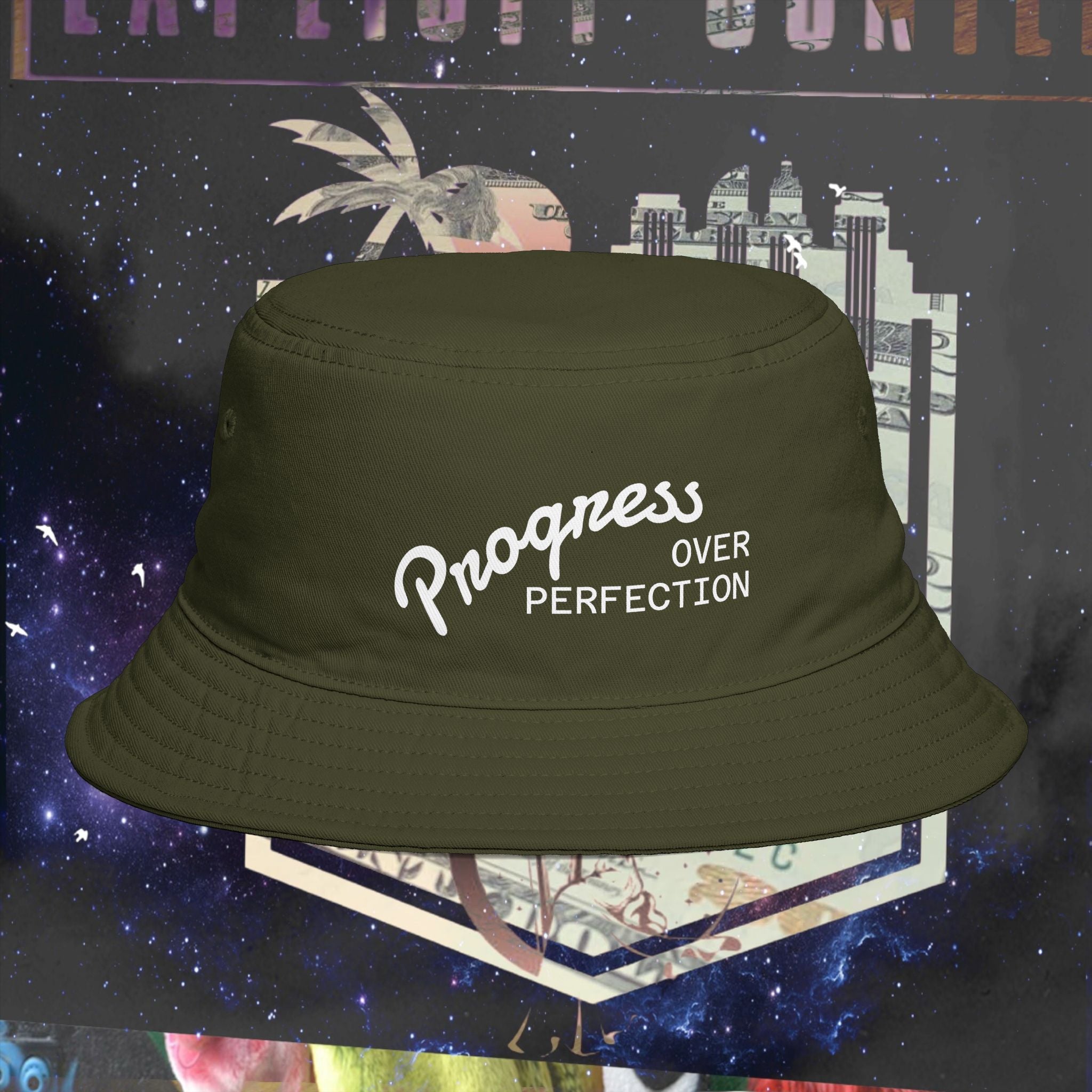 Progress Over Perfection Bucket Hat embroidered black front view
