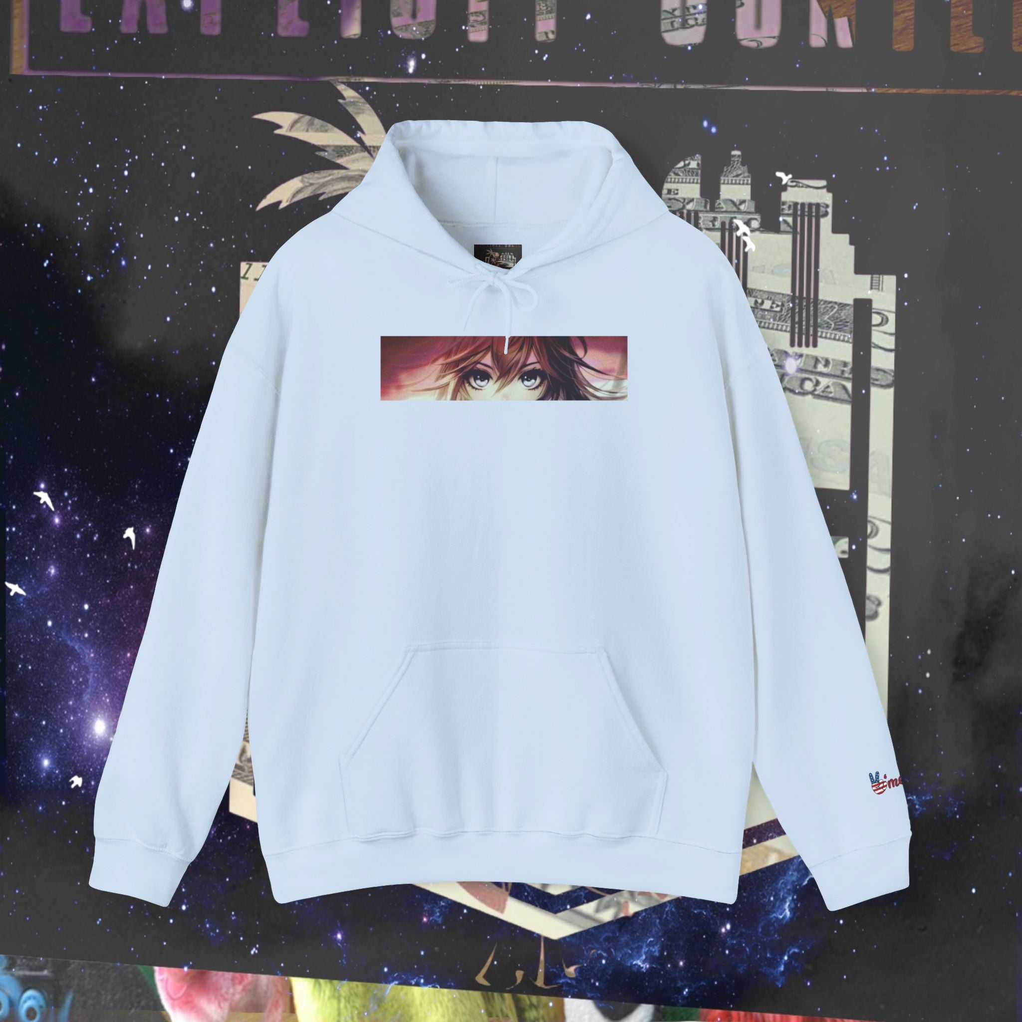 Dramatic Anime Hoodie featuring a captivating eye graphic on a white background, perfect for anime fans.