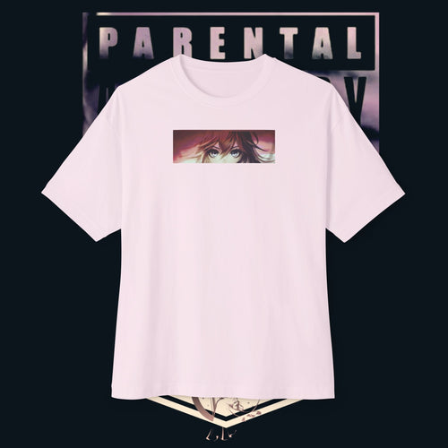 xye Anime Eye Boxy Tee — "Parental Advisory" Graphic Oversized T-Shirt in light pink with anime design.