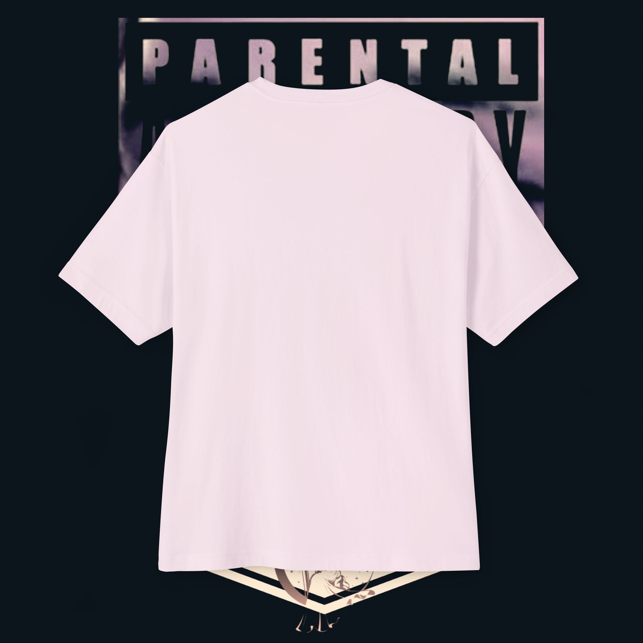 'xye' Anime Eye Boxy Tee — "Parental Advisory" Graphic Oversized T-Shirt in pink, showcased from the back.