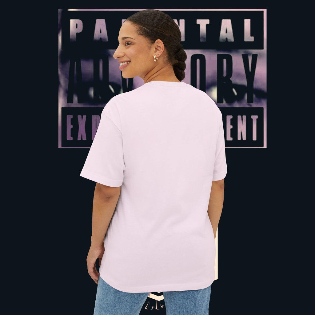 Back view of a model wearing the 'xye' Anime Eye Boxy Tee — "Parental Advisory" Graphic Oversized T-Shirt in light color.