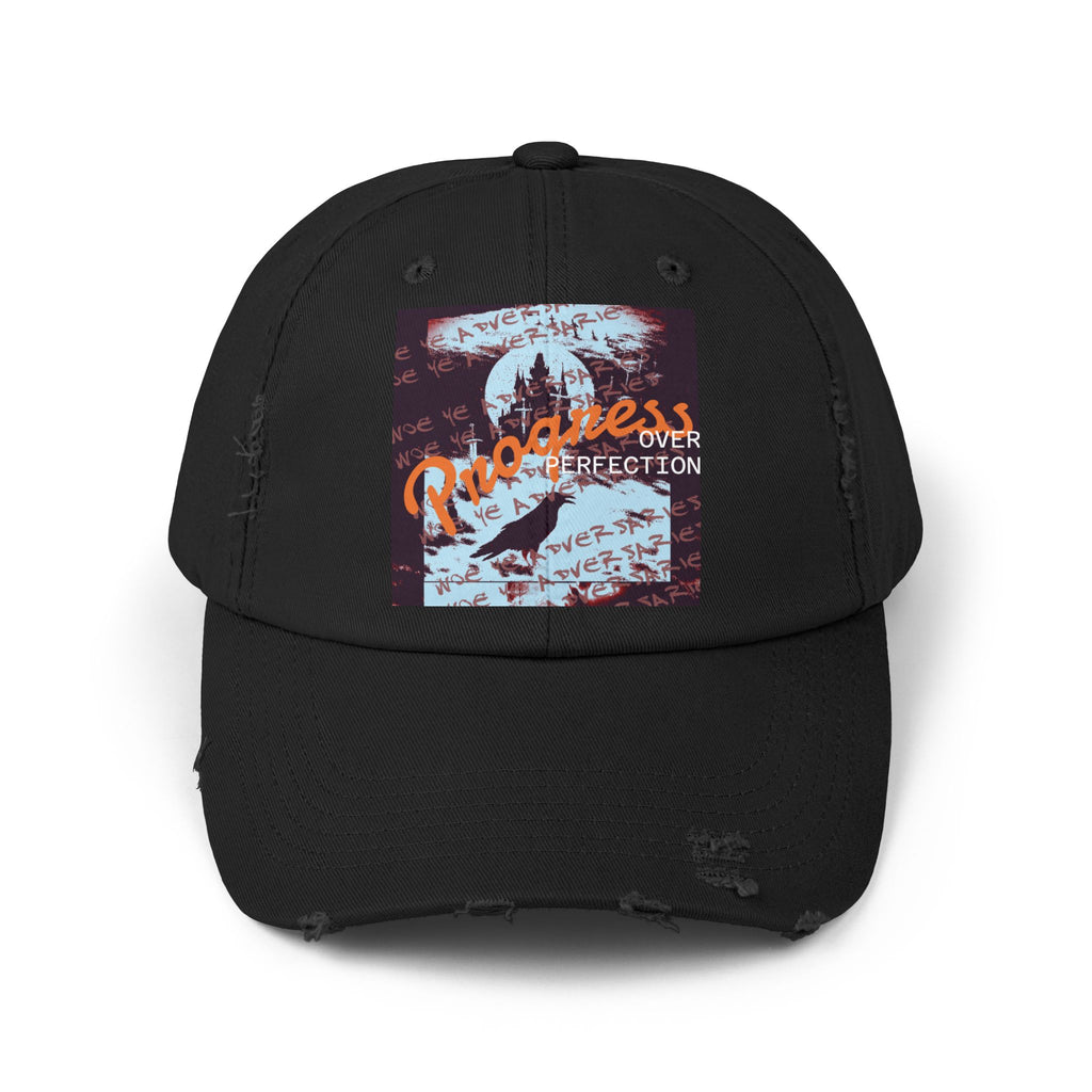 ‘xye’ Distressed Cap — Progress Over Perfection Graphic Cap