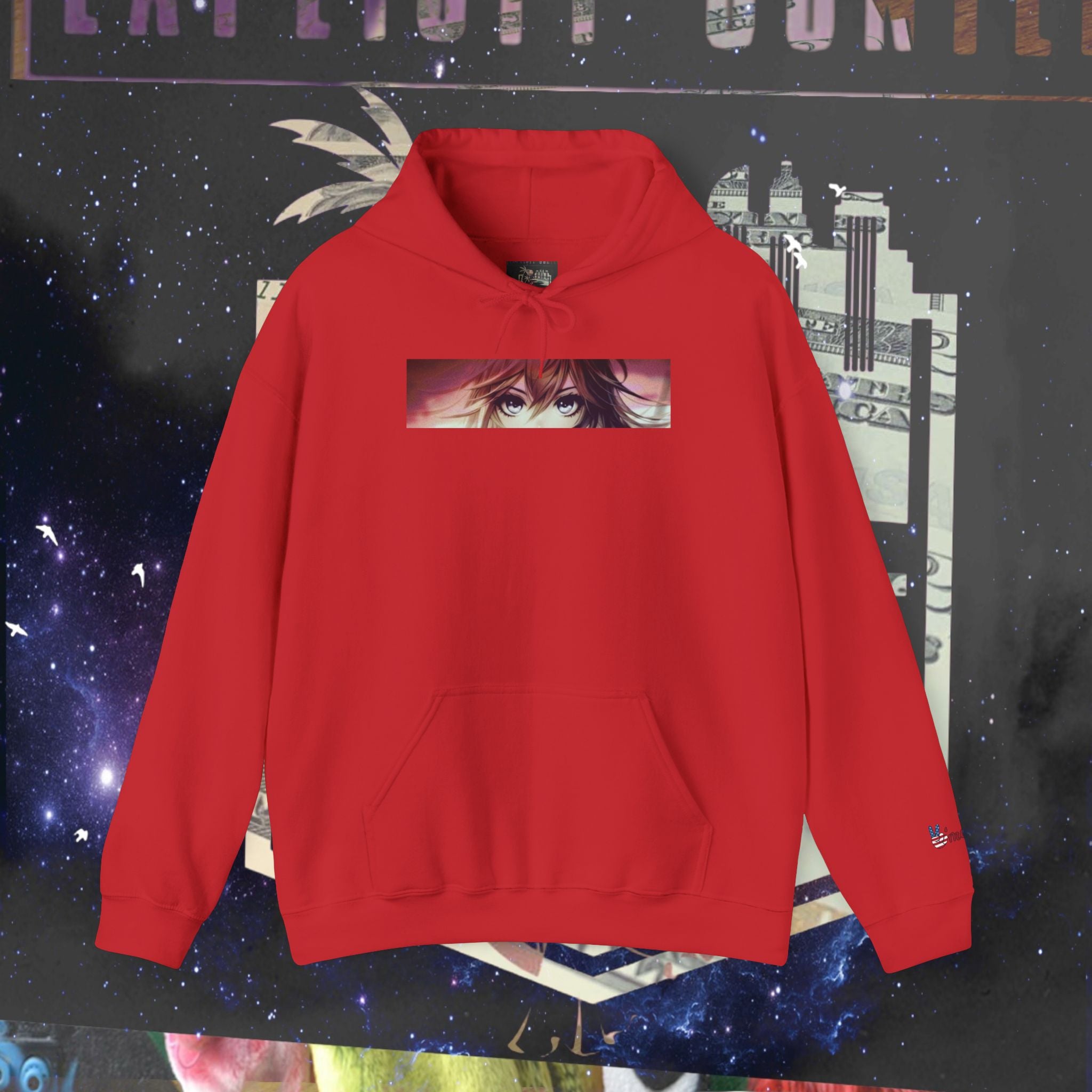 Dramatic Anime Hoodie featuring an eye-catching graphic design on a vibrant red hoodie.