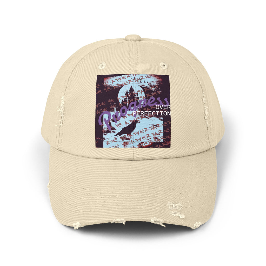 ‘xye’ Distressed Cap — Progress Over Perfection Graphic Cap