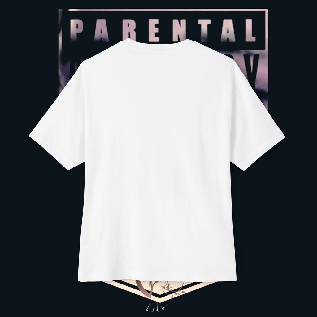 Back view of 'xye' Anime Eye Boxy Tee — "Parental Advisory" Graphic Oversized T-Shirt on dark background.