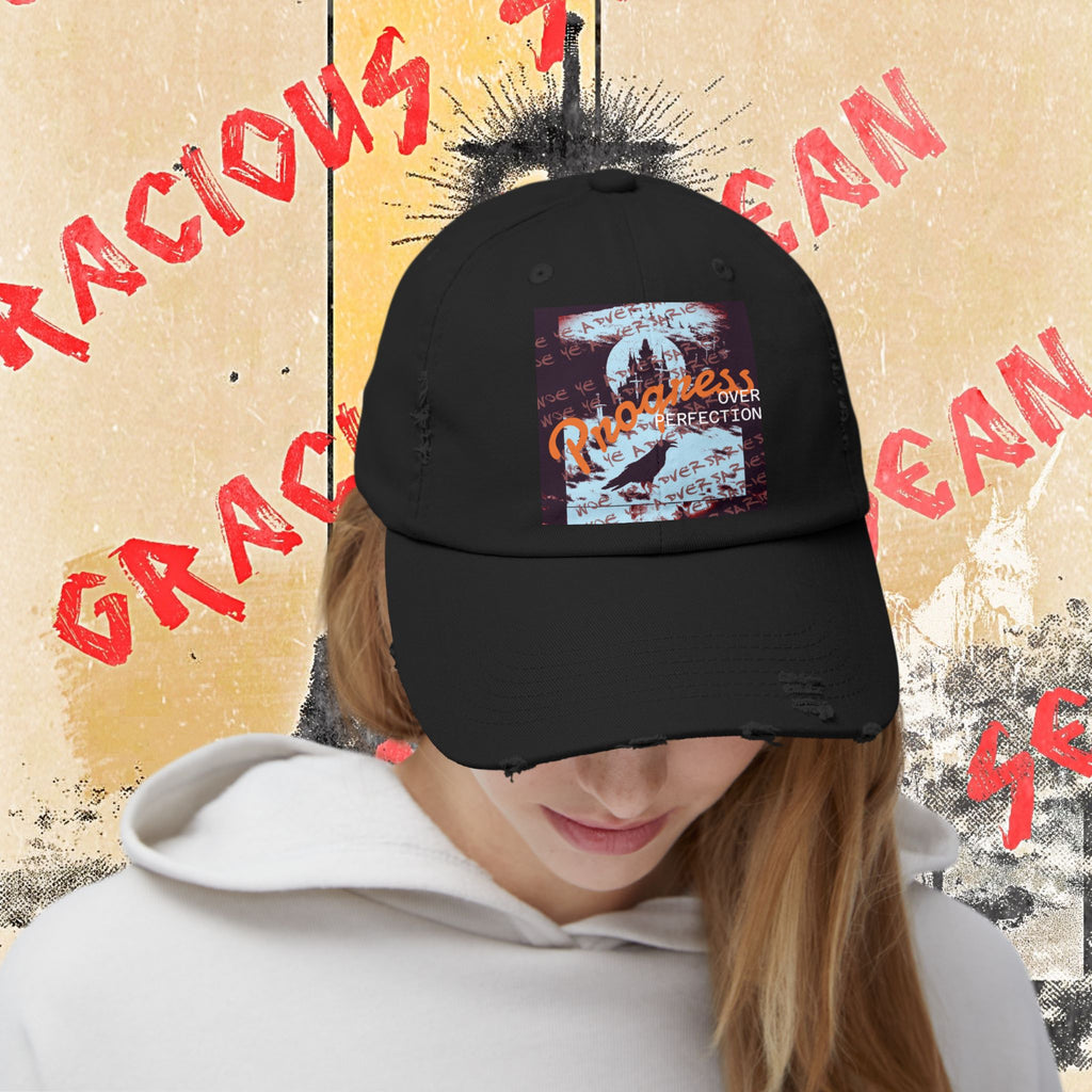 ‘xye’ Distressed Cap — Progress Over Perfection Graphic Cap