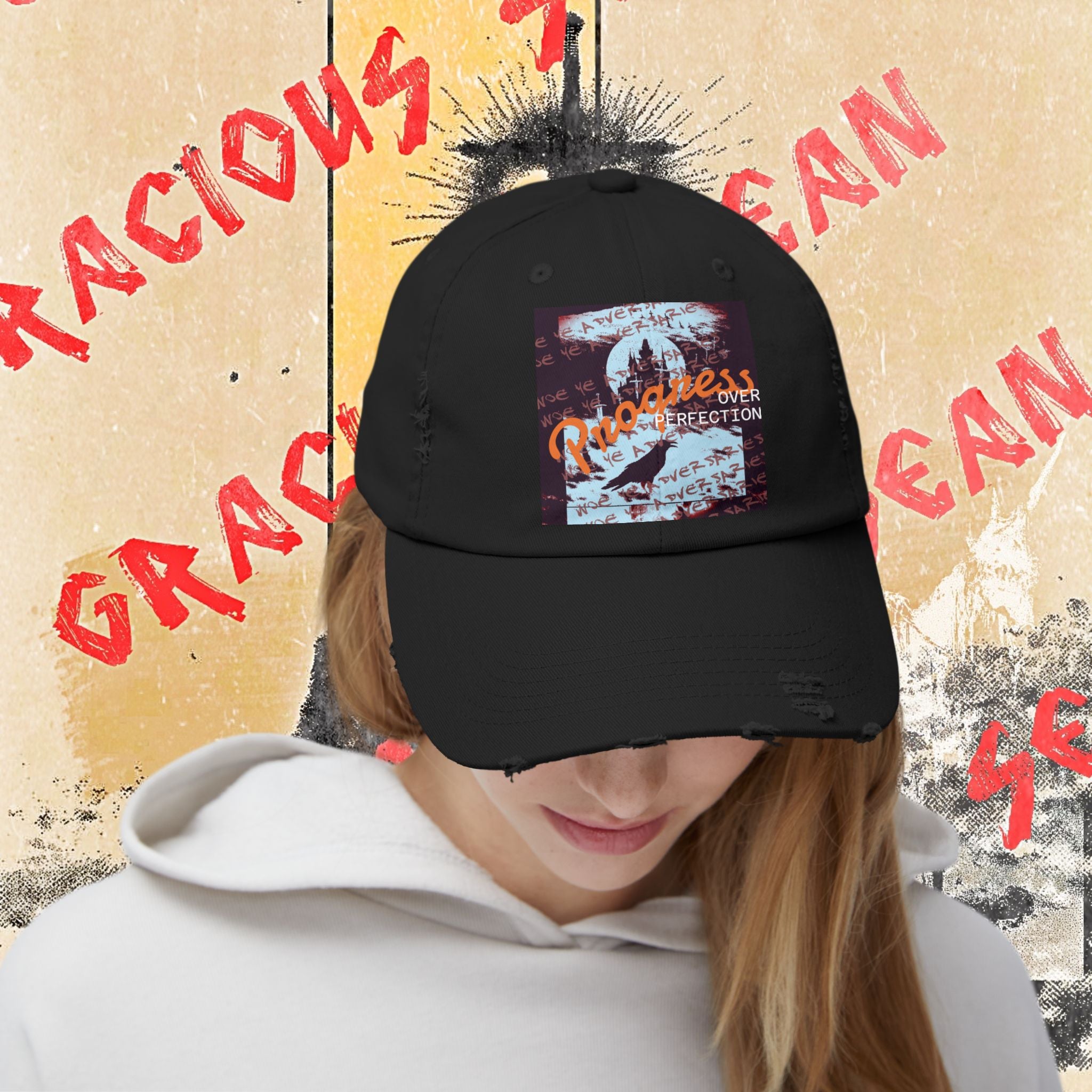 ‘xye’ Distressed Cap — Progress Over Perfection Graphic Cap