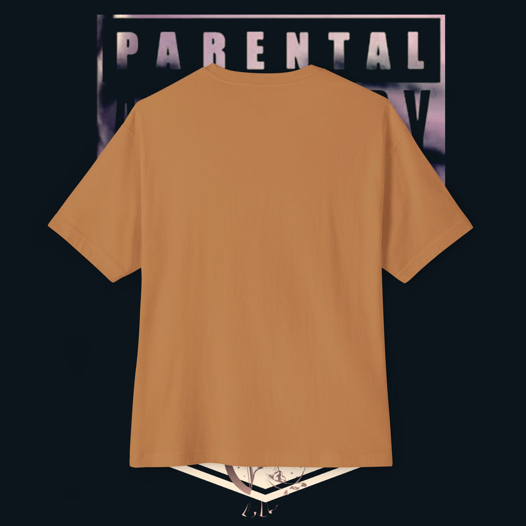 Back view of ‘xye’ Anime Eye Boxy Tee — "Parental Advisory" Graphic Oversized T-Shirt in a tan color.