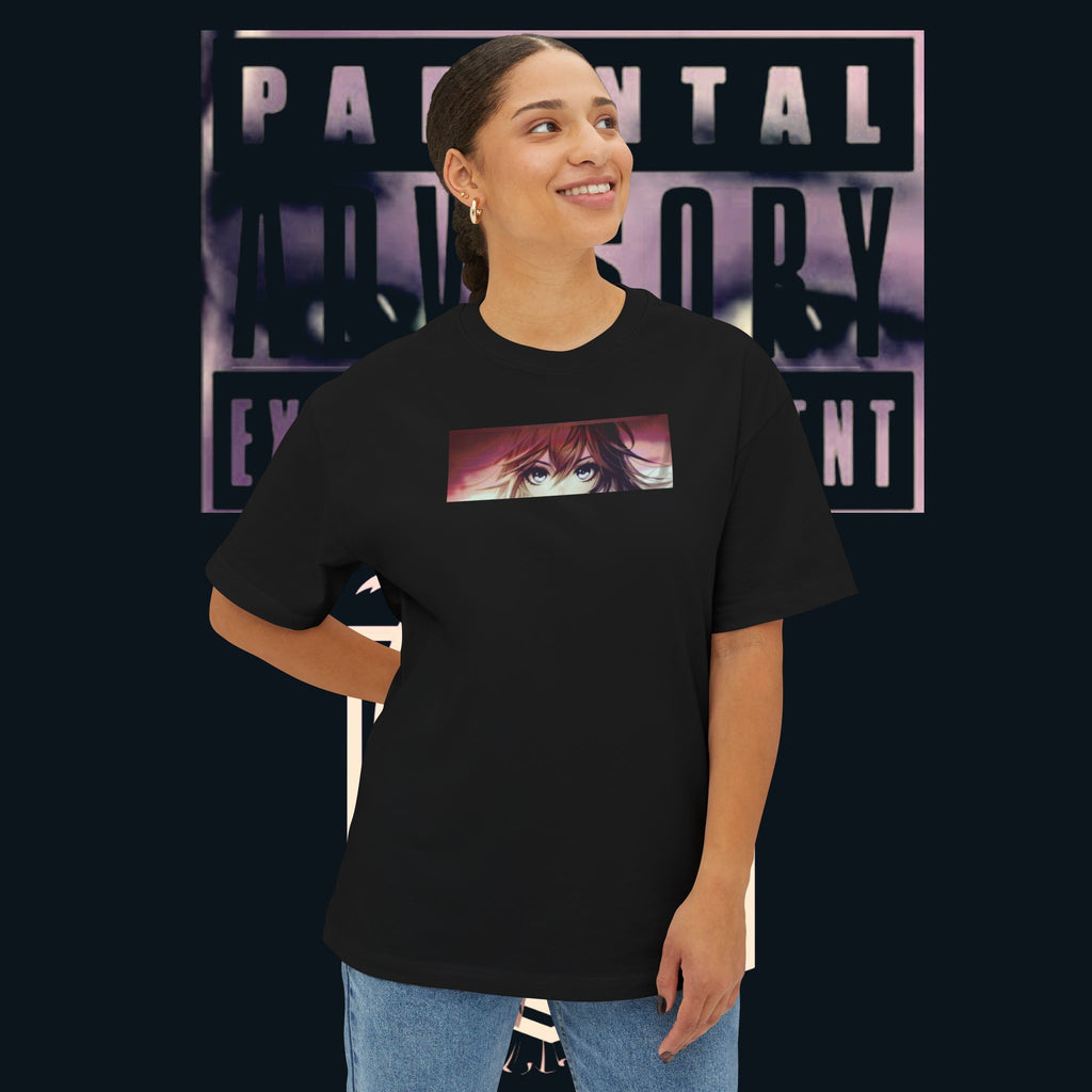 Model wearing ‘xye’ Anime Eye Boxy Tee — "Parental Advisory" Graphic Oversized T-Shirt in black.