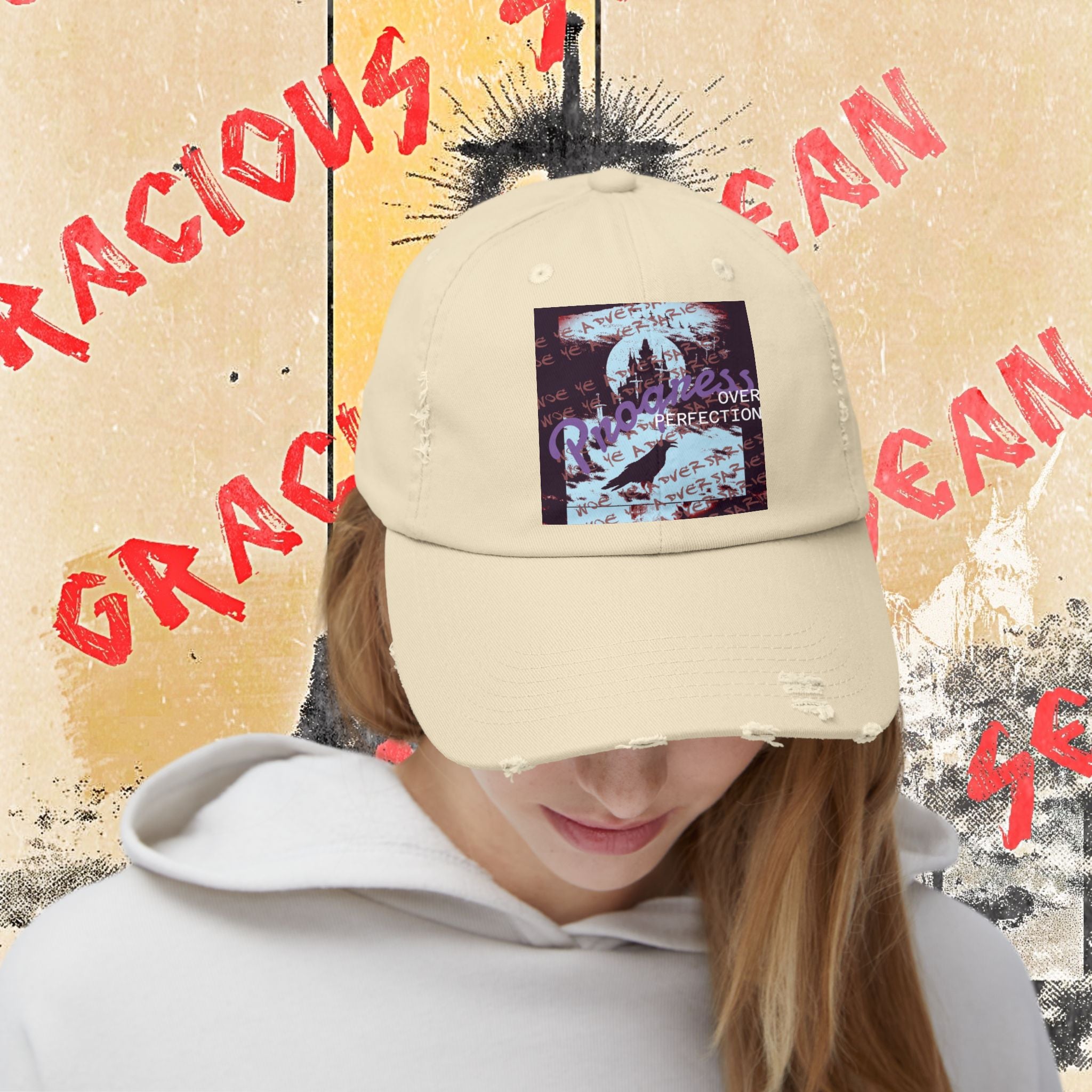 ‘xye’ Distressed Cap — Progress Over Perfection Graphic Cap