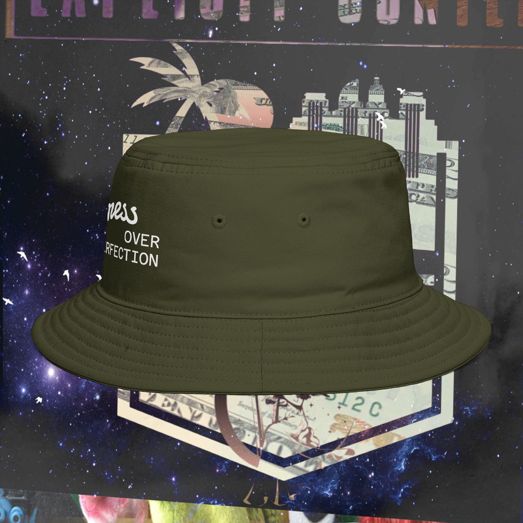 Progress Over Perfection Bucket Hat embroidered black front view
