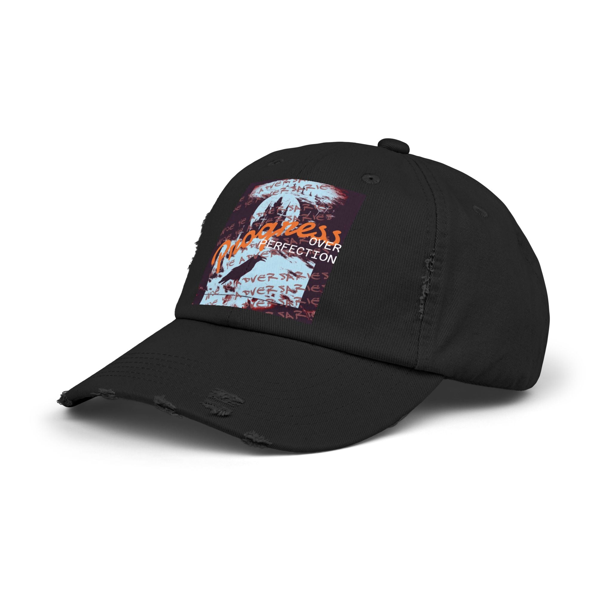 ‘xye’ Distressed Cap — Progress Over Perfection Graphic Cap